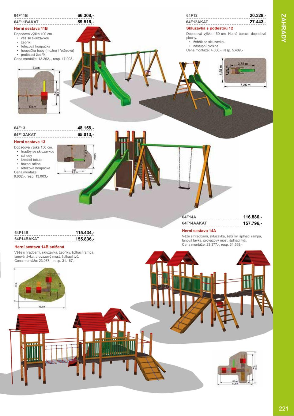 hradby se skluzavkou schody kreslící tabule házecí stěna řetězová houpačka 9.632,-, resp. 13.003,- 48.158,- 65.