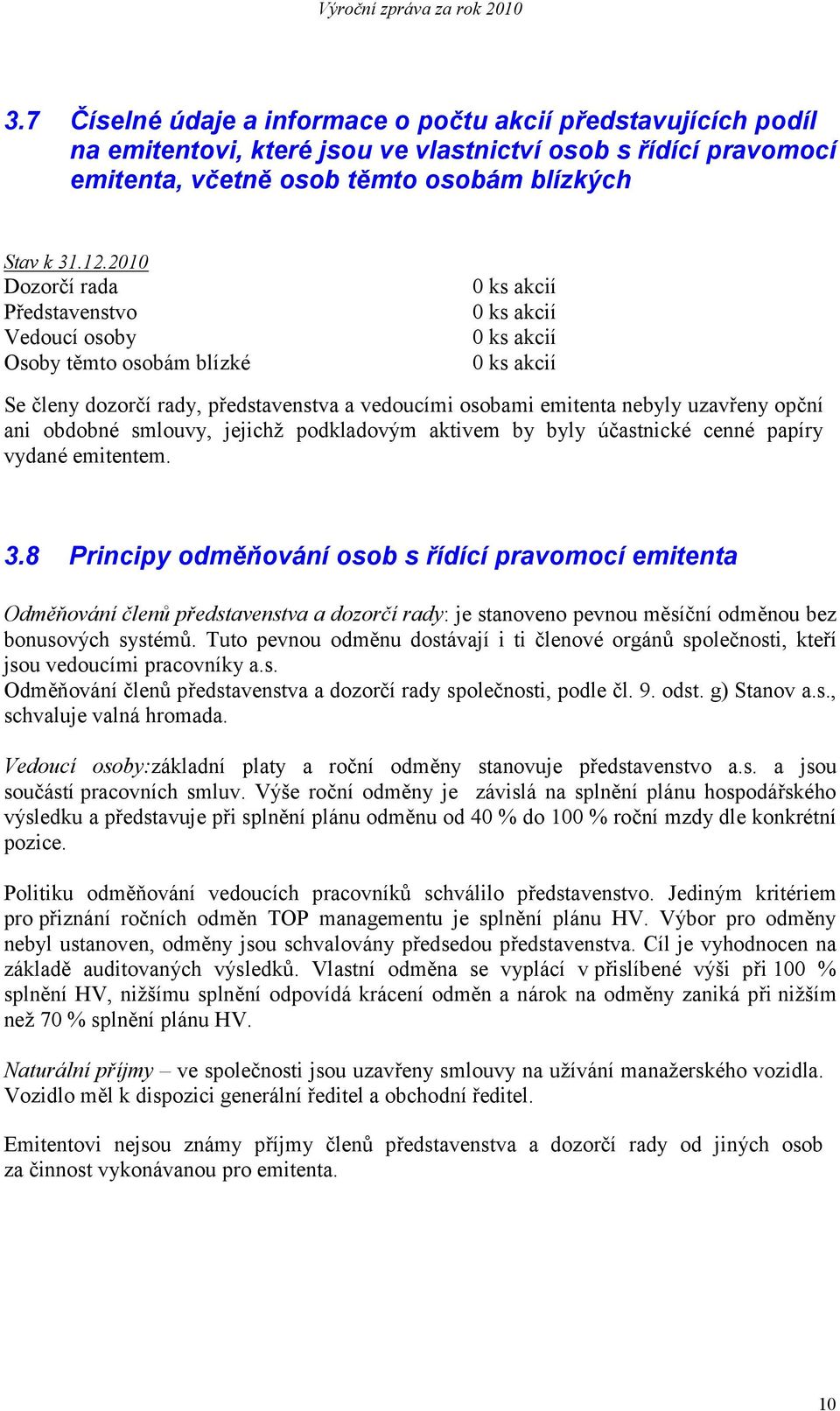 2010 Dozorčí rada Představenstvo Vedoucí osoby Osoby těmto osobám blízké 0 ks akcií 0 ks akcií 0 ks akcií 0 ks akcií Se členy dozorčí rady, představenstva a vedoucími osobami emitenta nebyly uzavřeny