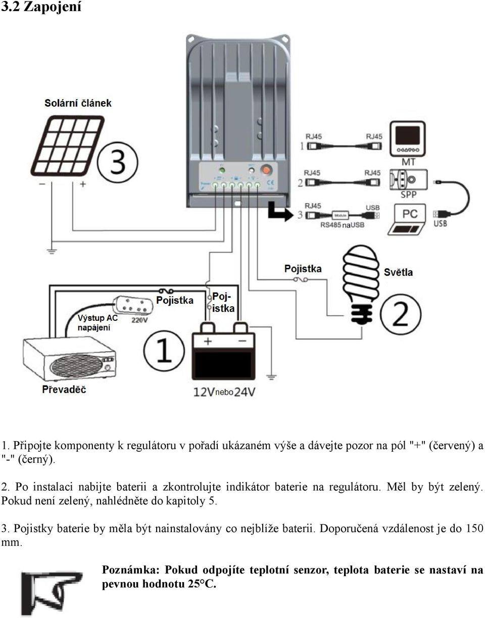 Po instalaci nabijte baterii a zkontrolujte indikátor baterie na regulátoru. Měl by být zelený.