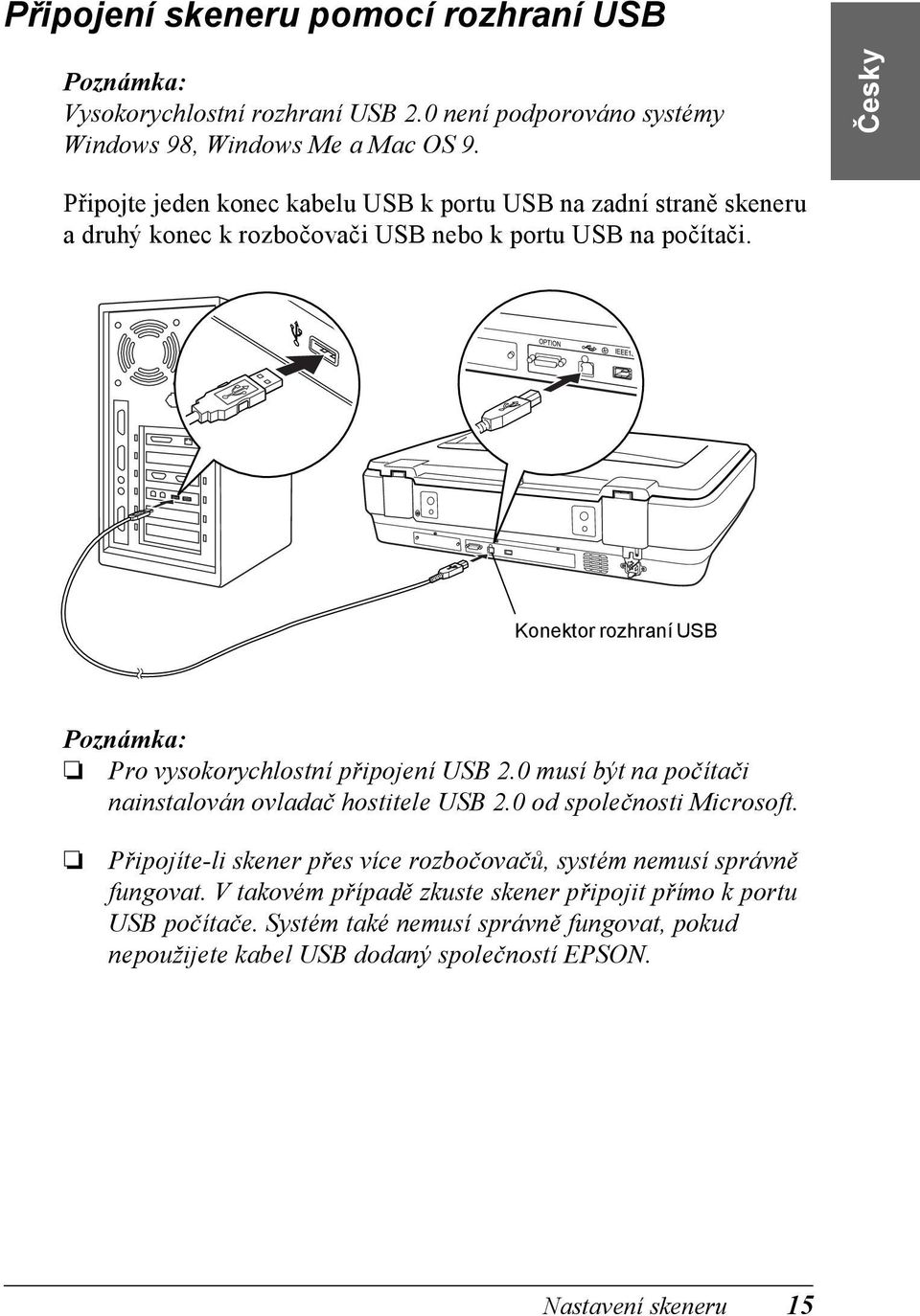 Konektor rozhraní USB Pro vysokorychlostní připojení USB 2.0 musí být na počítači nainstalován ovladač hostitele USB 2.0 od společnosti Microsoft.