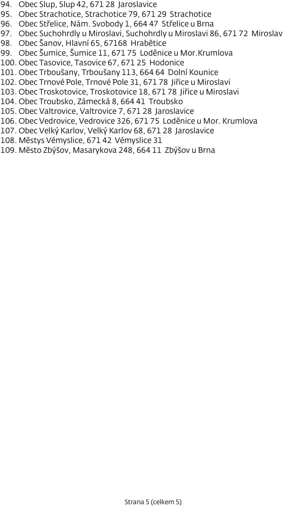 Obec Tasovice, Tasovice 67, 671 25 Hodonice 101. Obec Trboušany, Trboušany 113, 664 64 Dolní Kounice 102. Obec Trnové Pole, Trnové Pole 31, 671 78 Jiřice u Miroslavi 103.