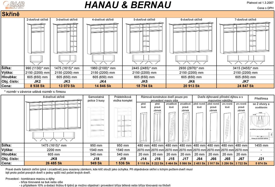 číslo: JK2 JK3 : 8 938 Sk 13 070 Sk * rozměr v závorce udává rozměr s římsou 8-dveřové skříně 1960 (2100)* mm 2150 (2200) mm 605 (650) mm JK4 14 846 Sk Samostatná police 3 kusy Prádelníková vložka