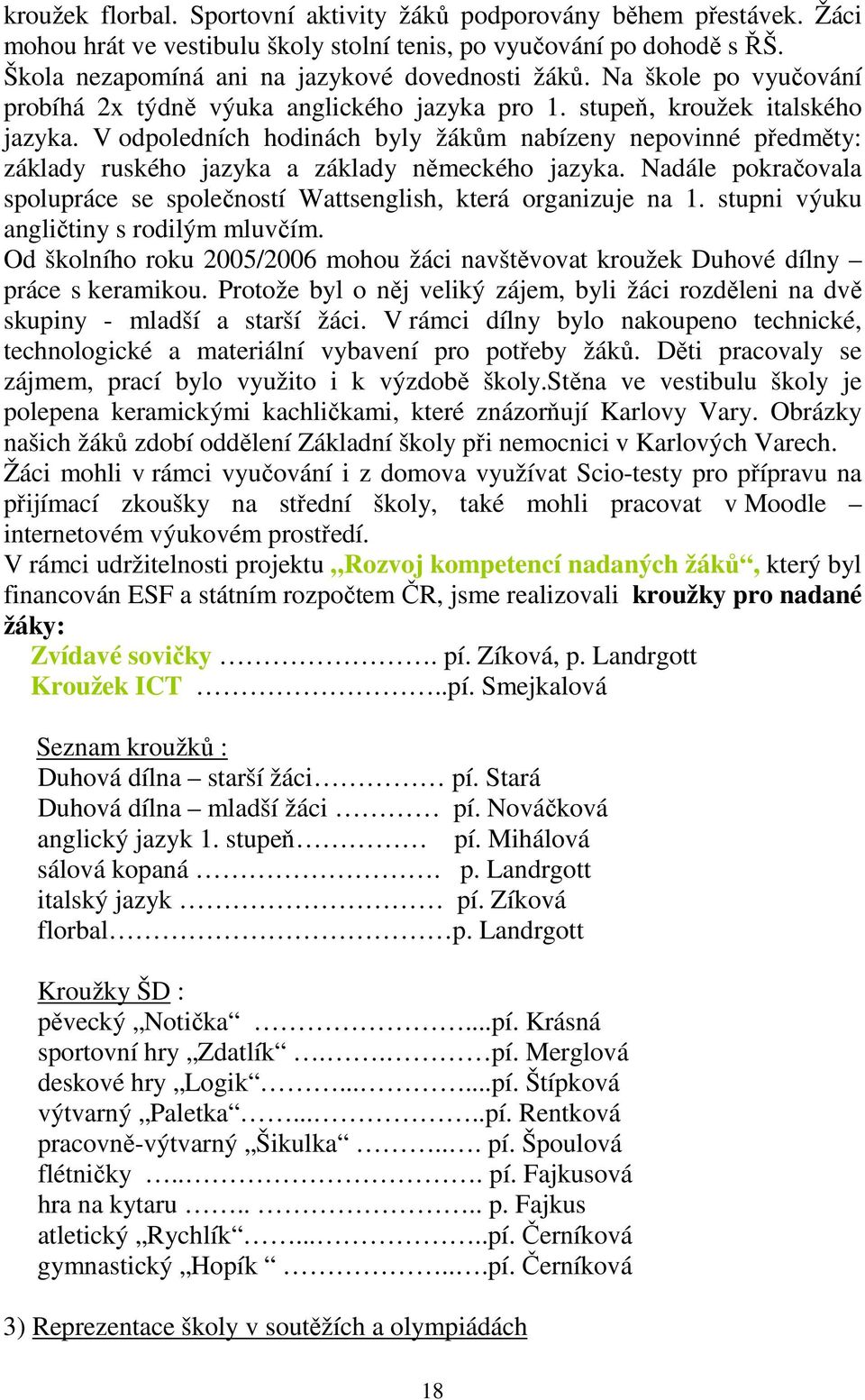 V odpoledních hodinách byly žákům nabízeny nepovinné předměty: základy ruského jazyka a základy německého jazyka. Nadále pokračovala spolupráce se společností Wattsenglish, která organizuje na 1.