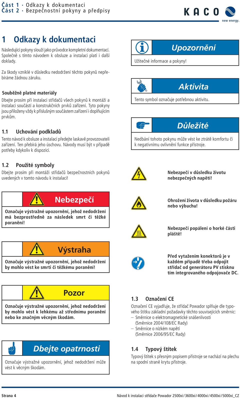 Souběžně platné materiály Dbejte prosím při instalaci střídačů všech pokynů k montáži a instalaci součástí a konstrukčních prvků zařízení.