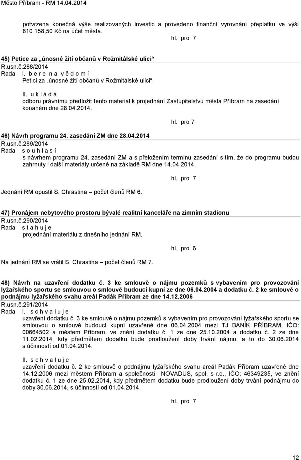 46) Návrh programu 24. zasedání ZM dne 28.04.2014 R.usn.č.289/2014 Rada s o u h l a s í s návrhem programu 24.