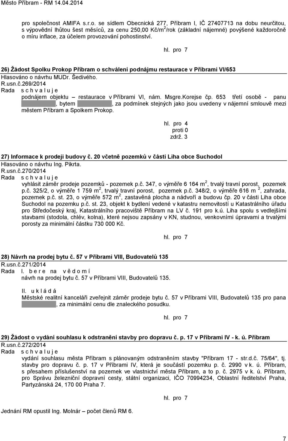 Msgre.Korejse čp. 653 třetí osobě - panu, bytem, za podmínek stejných jako jsou uvedeny v nájemní smlouvě mezi městem Příbram a Spolkem Prokop. hl. pro 4 proti 0 zdrţ.