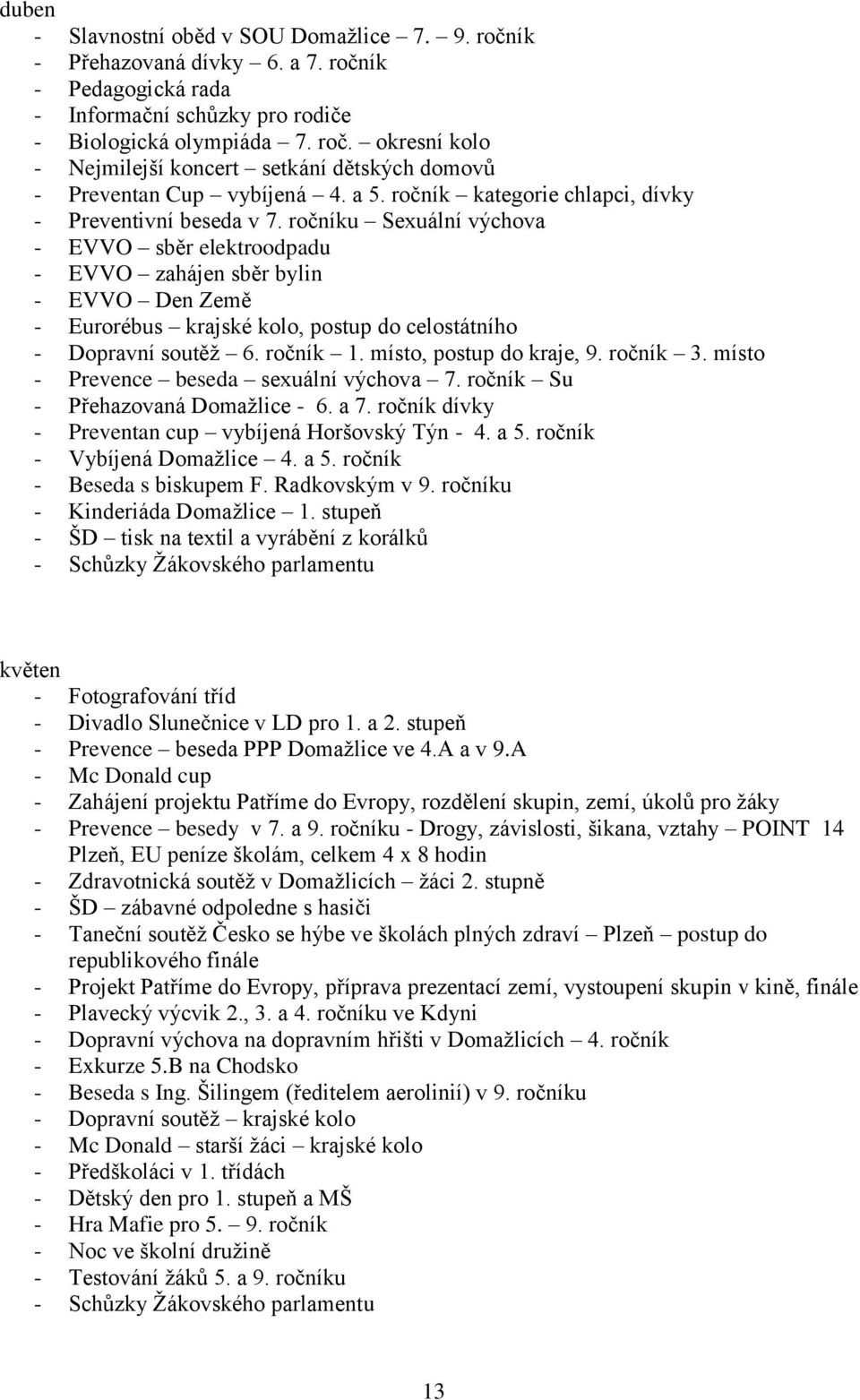 ročníku Sexuální výchova - EVVO sběr elektroodpadu - EVVO zahájen sběr bylin - EVVO Den Země - Eurorébus krajské kolo, postup do celostátního - Dopravní soutěž 6. ročník 1. místo, postup do kraje, 9.