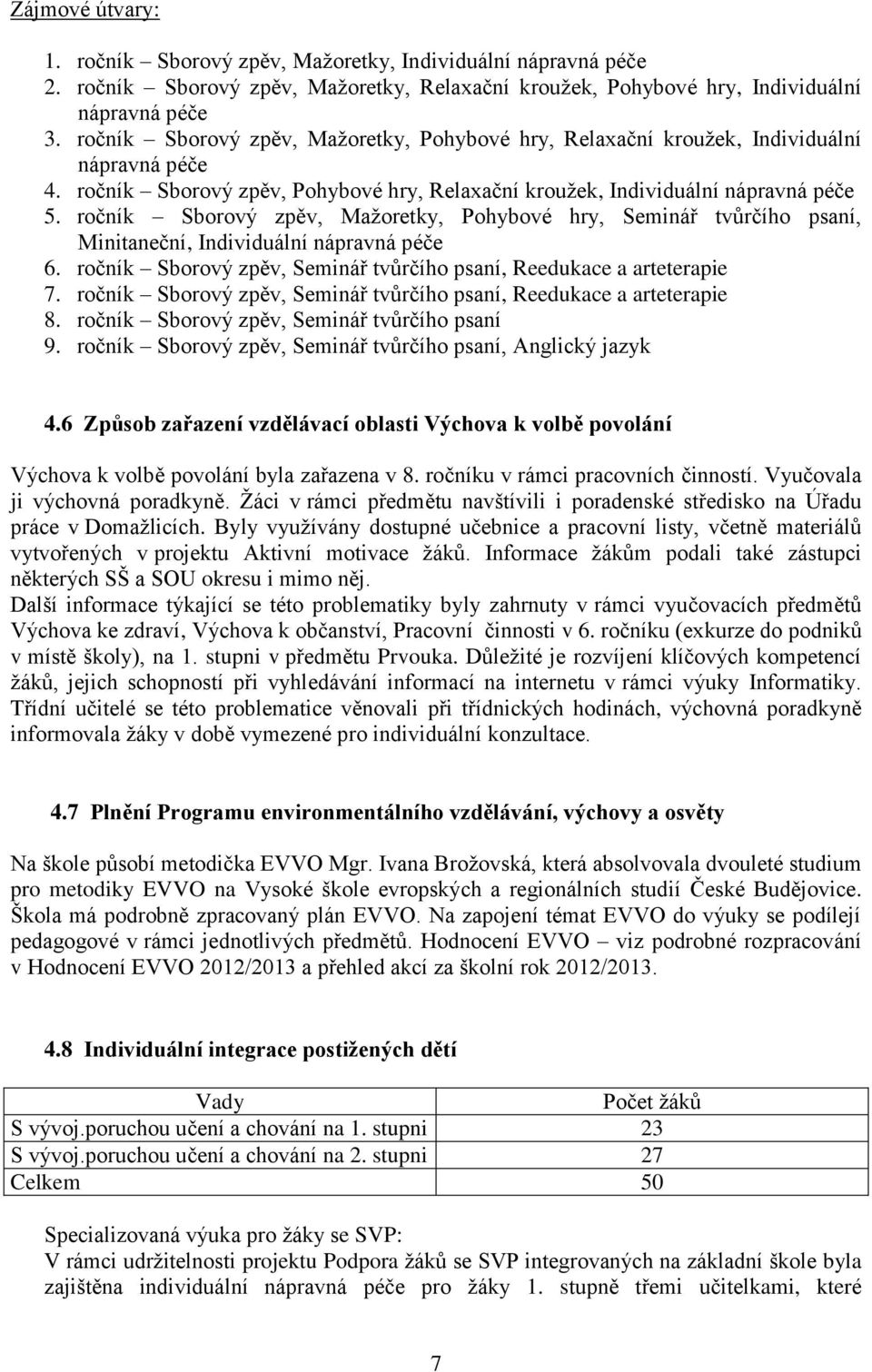 ročník Sborový zpěv, Mažoretky, Pohybové hry, Seminář tvůrčího psaní, Minitaneční, Individuální nápravná péče 6. ročník Sborový zpěv, Seminář tvůrčího psaní, Reedukace a arteterapie 7.