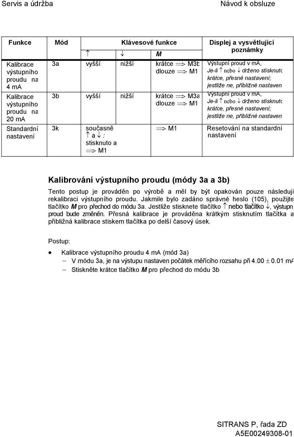 nastavení Výstupní proud v ma, Je-li nebo drženo stisknuto krátce, přesné nastavení; jestliže ne, přibližné nastavení Resetování na standardní nastavení Kalibrování výstupního proudu (módy 3a a 3b)