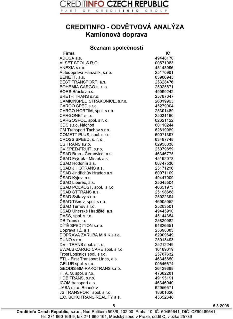 s r. o. 62621122 CDS s.r.o. Náchod 60110244 CM Transport Tachov s.r.o. 62619969 COMETT PLUS, spol. s r.o. 60071397 CROSS SPEED, s. r. o. 63487748 CS TRANS s.r.o. 62958038 CV SPED-FRUIT, s.r.o. 25079859 ČSAD Brno - Černovice, a.