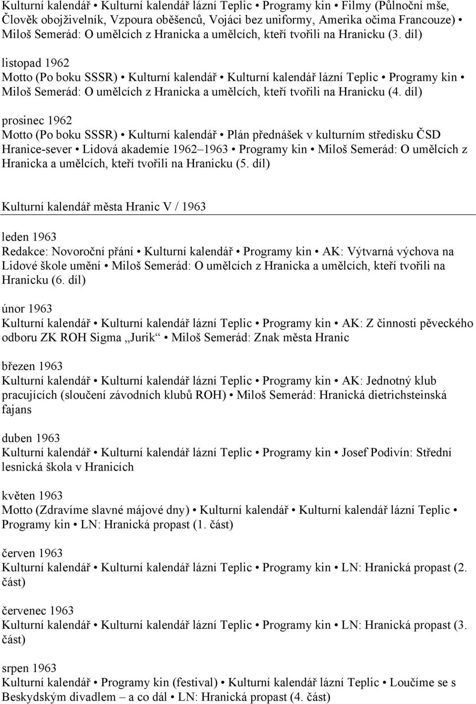 díl) listopad 1962 Motto (Po boku SSSR) Kulturní kalendář Kulturní kalendář lázní Teplic Programy kin Miloš Semerád: O umělcích z Hranicka a umělcích, kteří tvořili na Hranicku (4.