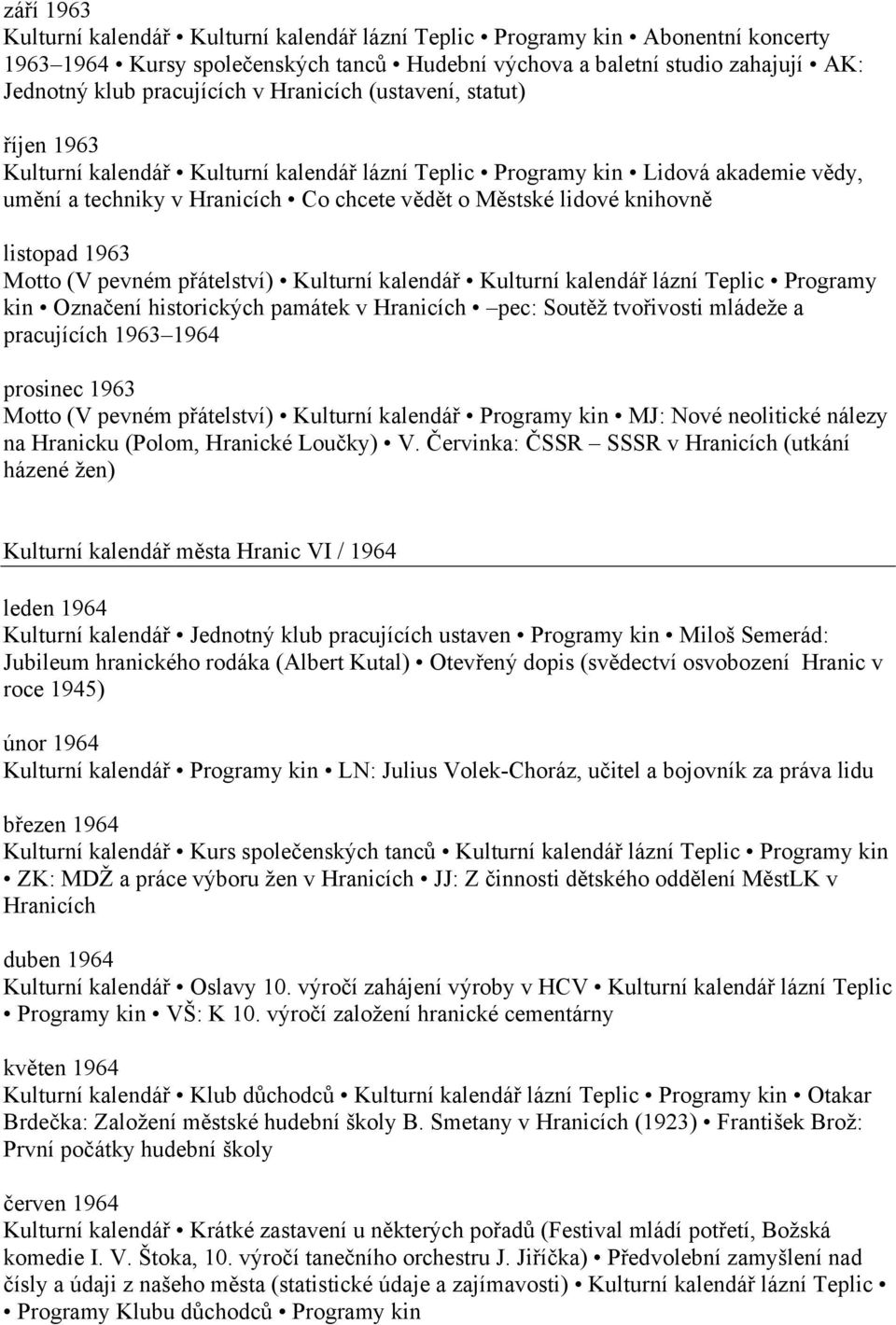 listopad 1963 Motto (V pevném přátelství) Kulturní kalendář Kulturní kalendář lázní Teplic Programy kin Označení historických památek v Hranicích pec: Soutěž tvořivosti mládeže a pracujících 1963