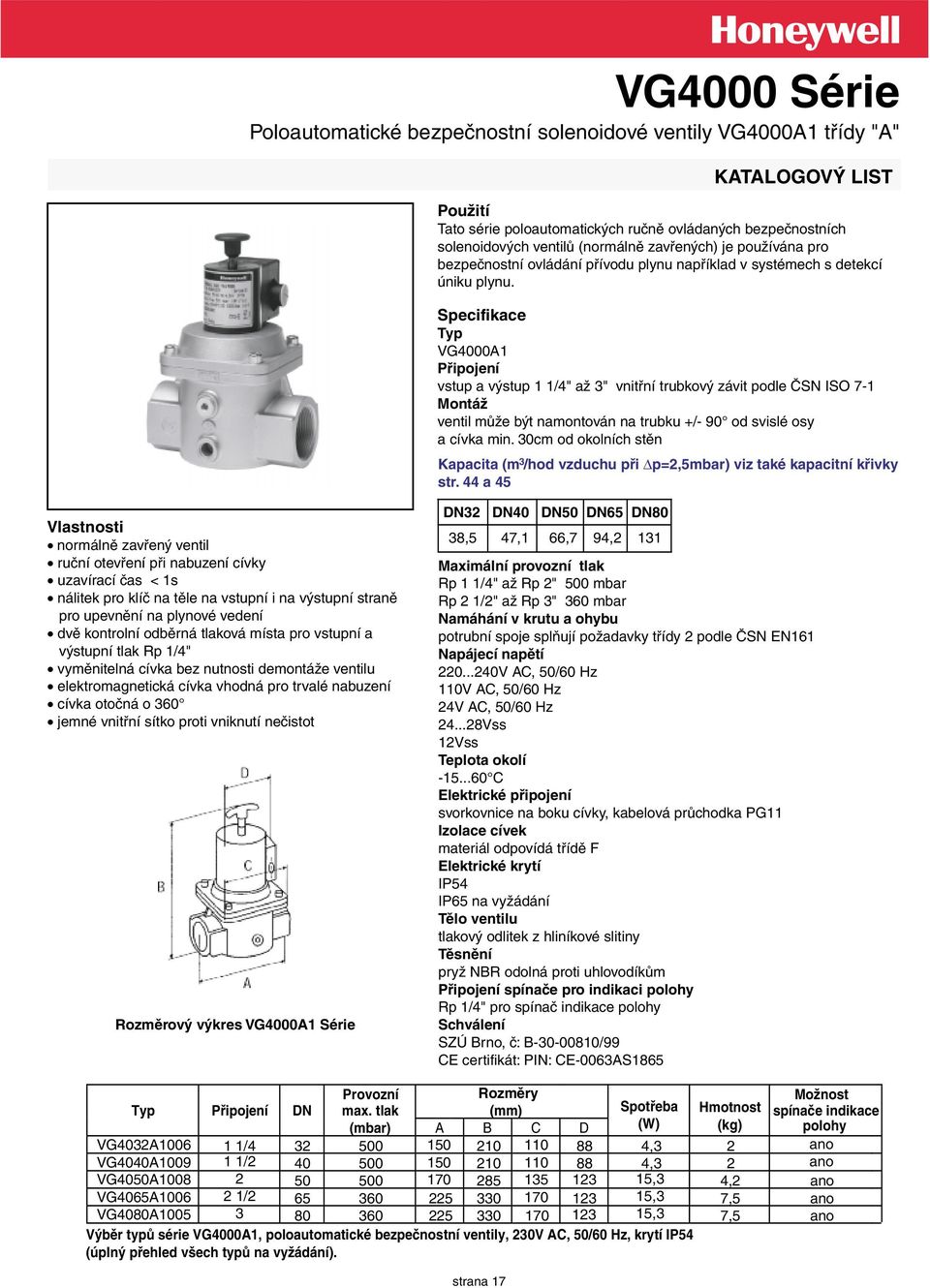 Specifikace Typ VG4000A1 Připojení vstup a výstup 1 1/4" až " vnitřní trubkový závit podle ČSN ISO 7-1 Montáž ventil může být namontován na trubku +/- 90 od svislé osy a cívka min.
