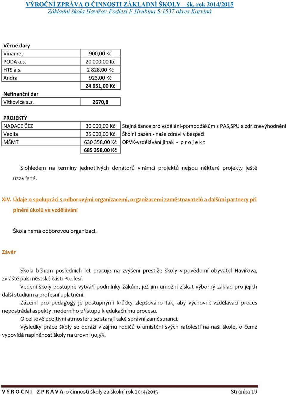 projektů nejsou některé projekty ještě uzavřené. XIV.