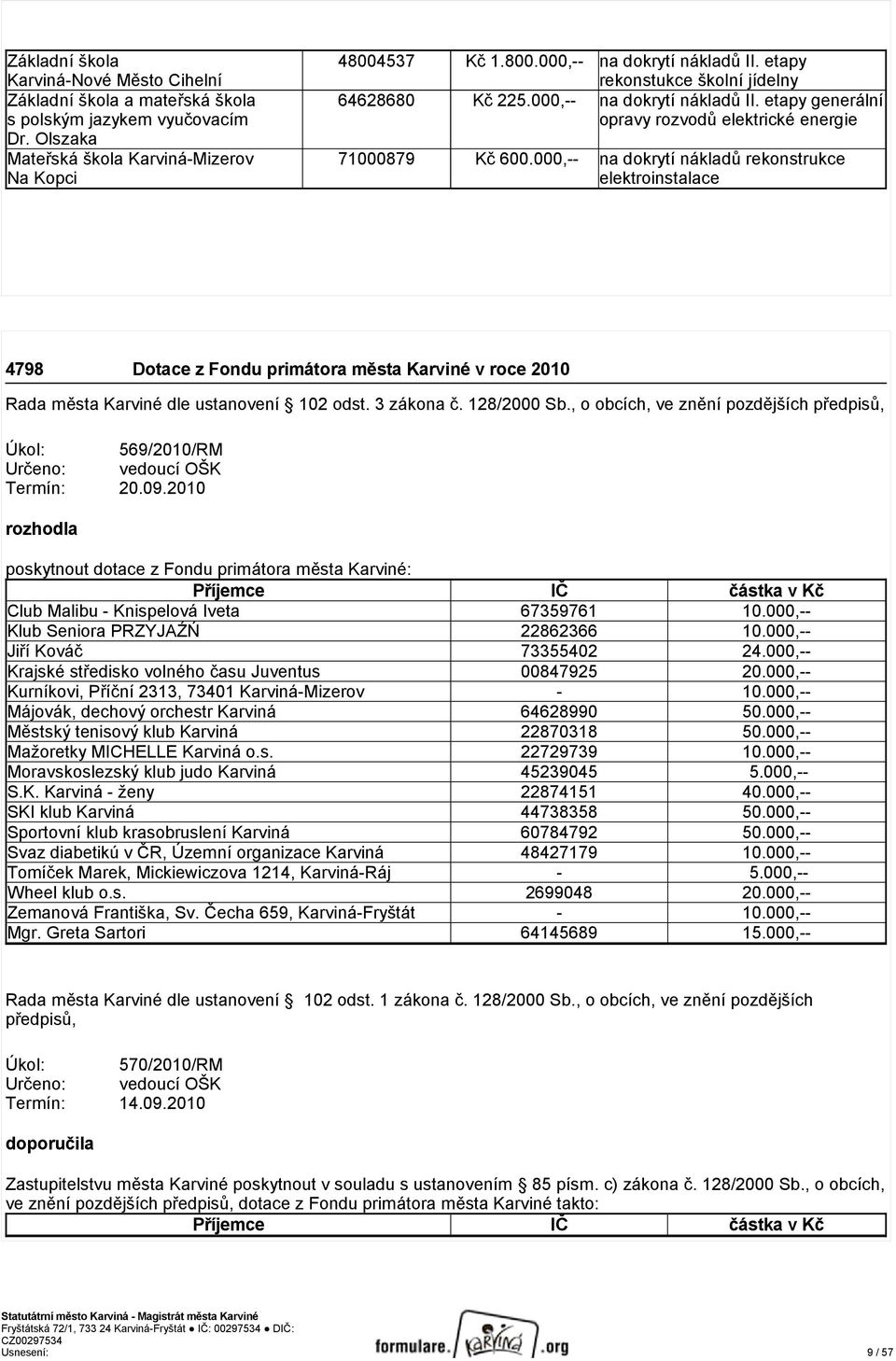 000,-- na dokrytí nákladů rekonstrukce elektroinstalace 4798 Dotace z Fondu primátora města Karviné v roce 2010 Úkol: 569/2010/RM Určeno: vedoucí OŠK Termín: 20.09.
