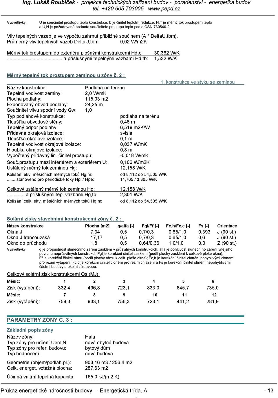 Průměrný vliv tepelných vazeb DeltaU,tbm: 0,02 W/m2K Měrný tok prostupem do exteriéru plošnými konstrukcemi Hd,c: 30,362 W/K.