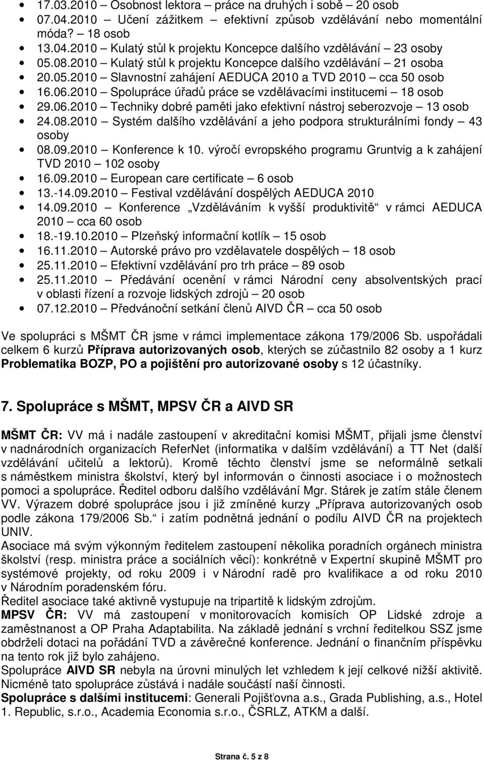 2010 Spolupráce úřadů práce se vzdělávacími institucemi 18 osob 29.06.2010 Techniky dobré paměti jako efektivní nástroj seberozvoje 13 osob 24.08.