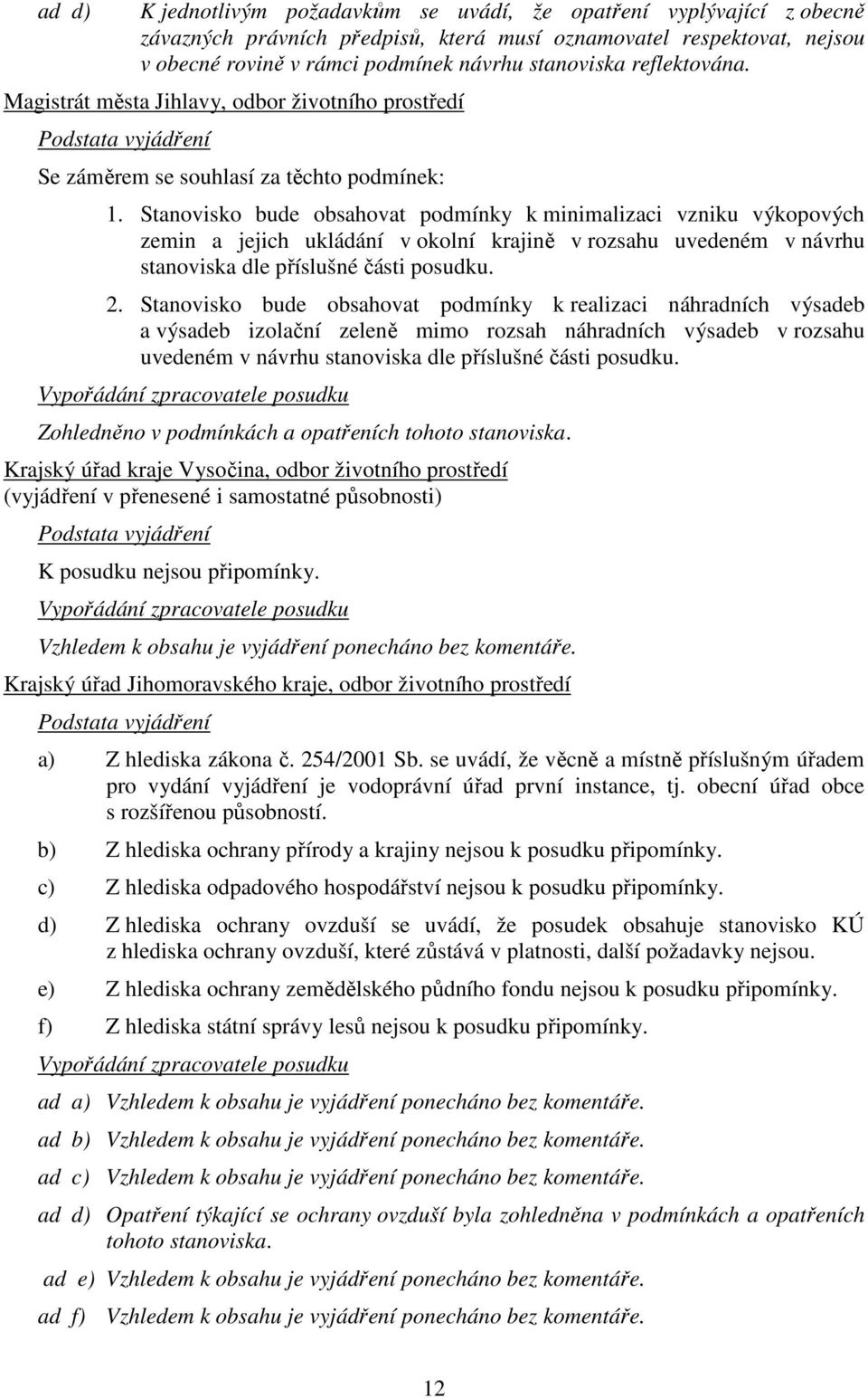 Stanovisko bude obsahovat podmínky k minimalizaci vzniku výkopových zemin a jejich ukládání v okolní krajině v rozsahu uvedeném v návrhu stanoviska dle příslušné části posudku. 2.