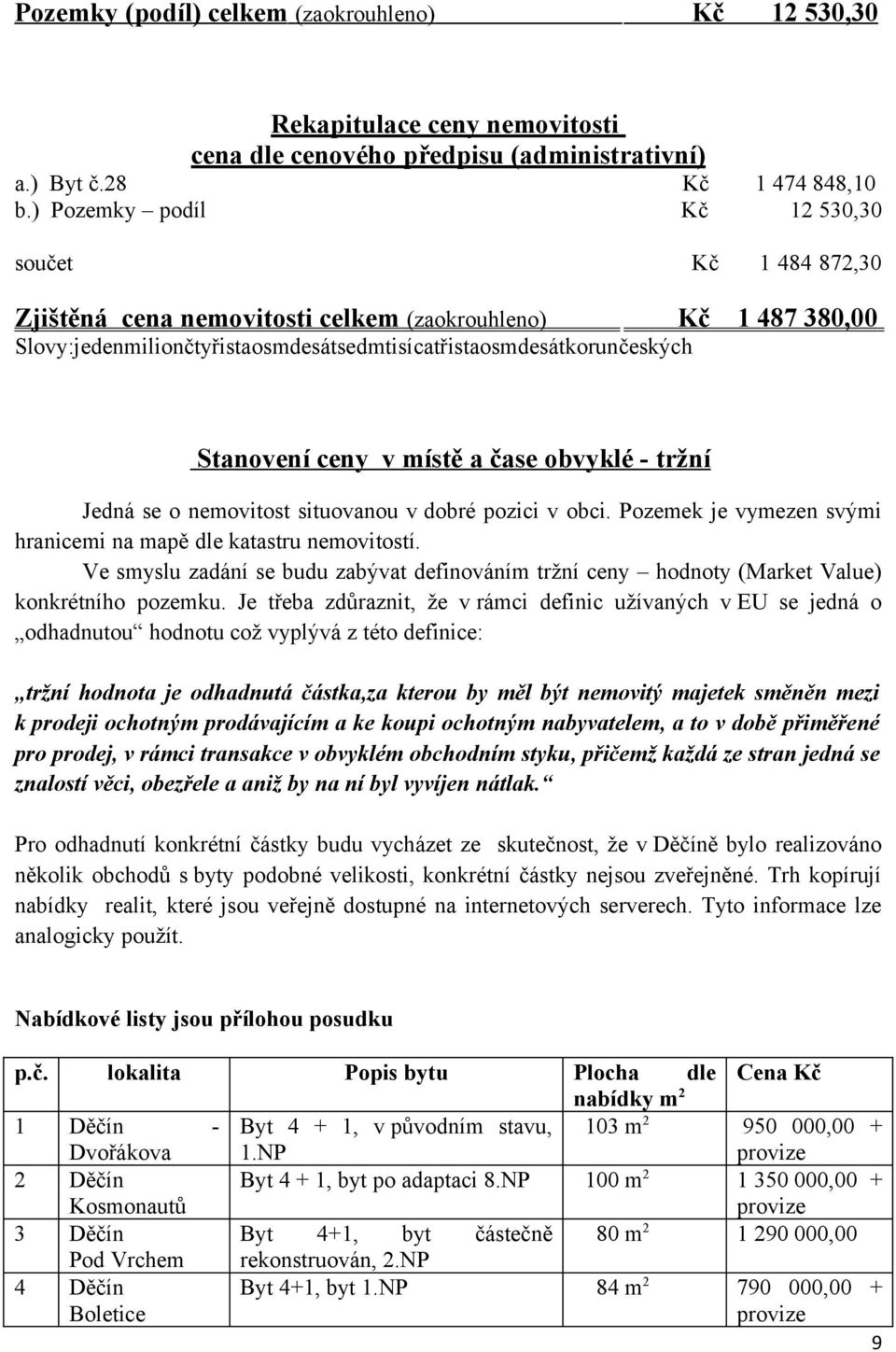 ceny v místě a čase obvyklé - tržní Jedná se o nemovitost situovanou v dobré pozici v obci. Pozemek je vymezen svými hranicemi na mapě dle katastru nemovitostí.