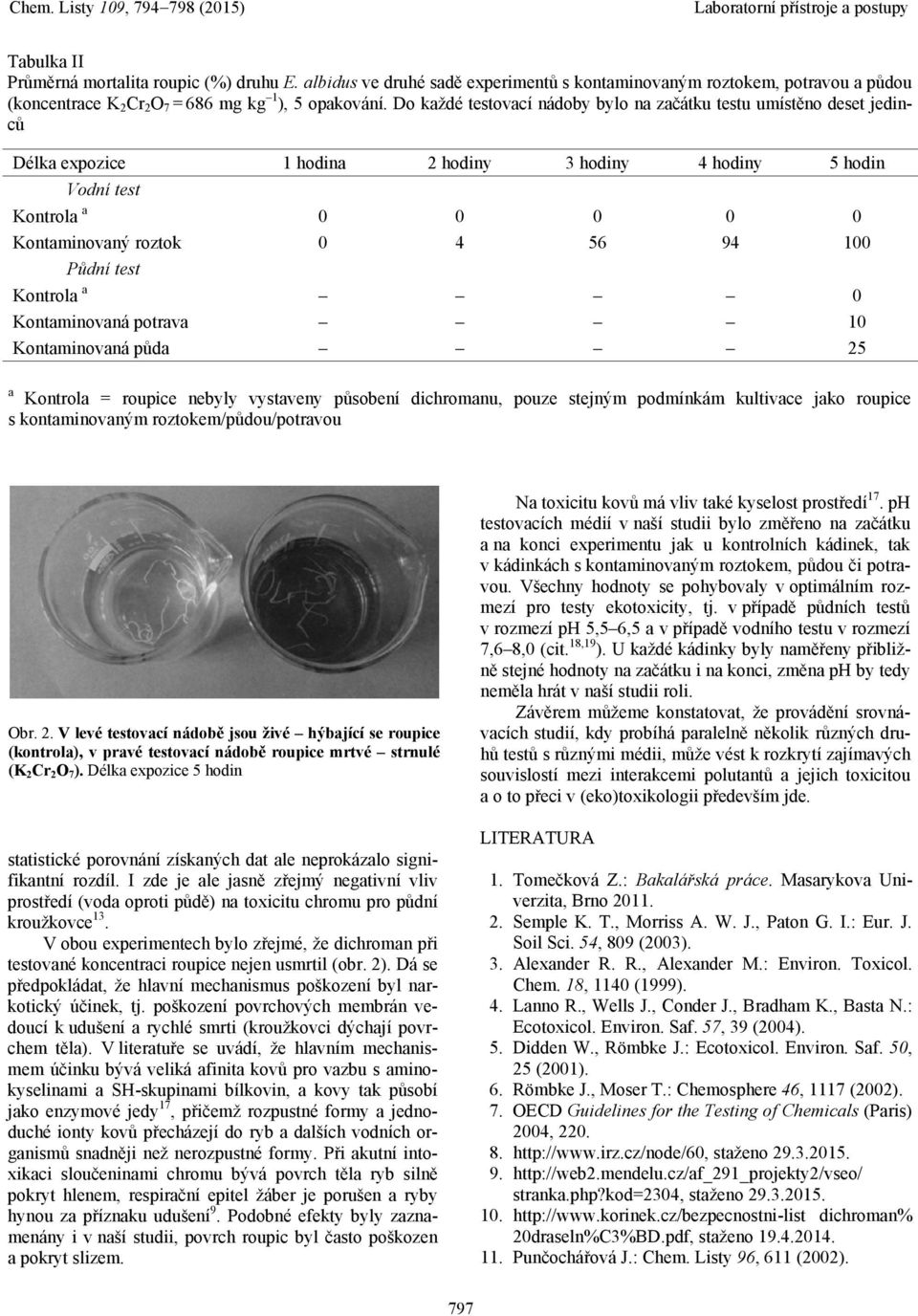 Půdní test Kontrola a 0 Kontaminovaná potrava 10 Kontaminovaná půda 25 a Kontrola = roupice nebyly vystaveny působení dichromanu, pouze stejným podmínkám kultivace jako roupice s kontaminovaným