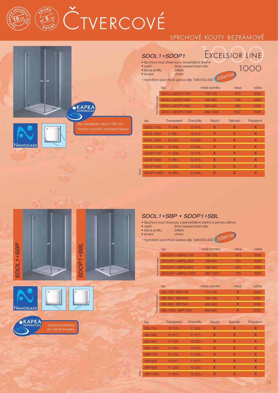 vhodné k pouïítí s vaniãkami Macao typ Transparent Chinchilla Rauch Satinato Polystyrol SDOL1/750 11 556,- 12 475,- x x x SDOL1/800 11 681,- 12 613,- x x x SDOL1/900 12 233,- 13 229,- x x x