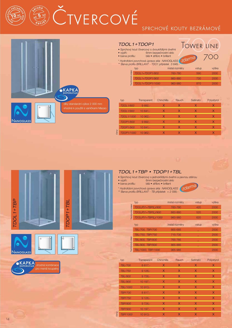 2 000 mm vhodné k pouïítí s vaniãkami Macao typ Transparent Chinchilla Rauch Satinato Polystyrol TDOL1/800 9 892,- x x x x TDOL1/900 10 641,- x x x x TDOL1/1000 10 962,- x x x x TDOP1/800 9 892,- x x