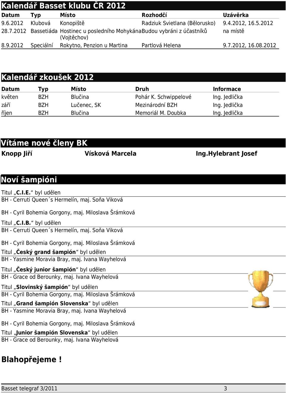 2012 Kalendář zkoušek 2012 Datum květen září říjen Typ BZH BZH BZH Místo Blučina Lučenec, SK Blučina Druh Pohár K. Schwippelové Mezinárodní BZH Memoriál M. Doubka Informace Ing. Jedlička Ing.