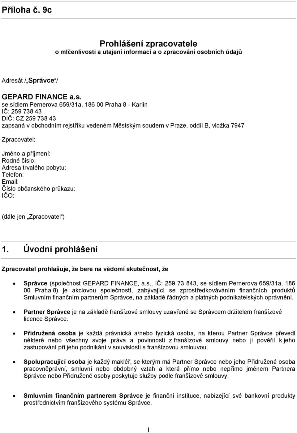 bních údajů Adresá