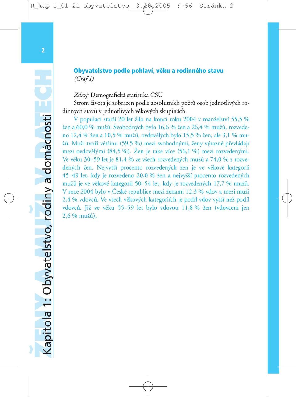 zobrazen podle absolutních poãtû osob jednotliv ch rodinn ch stavû v jednotliv ch vûkov ch skupinách. V populaci star í 20 let Ïilo na konci roku 2004 v manïelství 55,5.% Ïen a 60,0.% muïû.