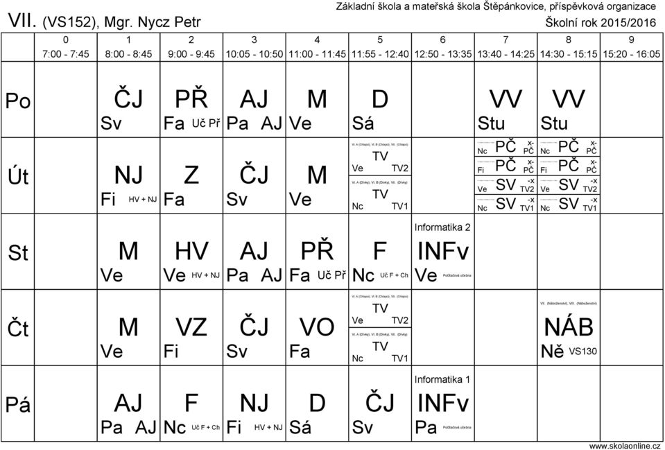 A (Chlapci), VI. B (Chlapci), VII. (Chlapci) x- VI. A (ívky), VI. B (ívky), VII. (ívky) x- VI. A (Chlapci), VI. B (Chlapci), VII. (Chlapci)SV -x VI. A (ívky), VI. B (ívky), VII. (ívky)sv -x Pa Uč Př F Informatika INFv čítačová učebna V VO VI.