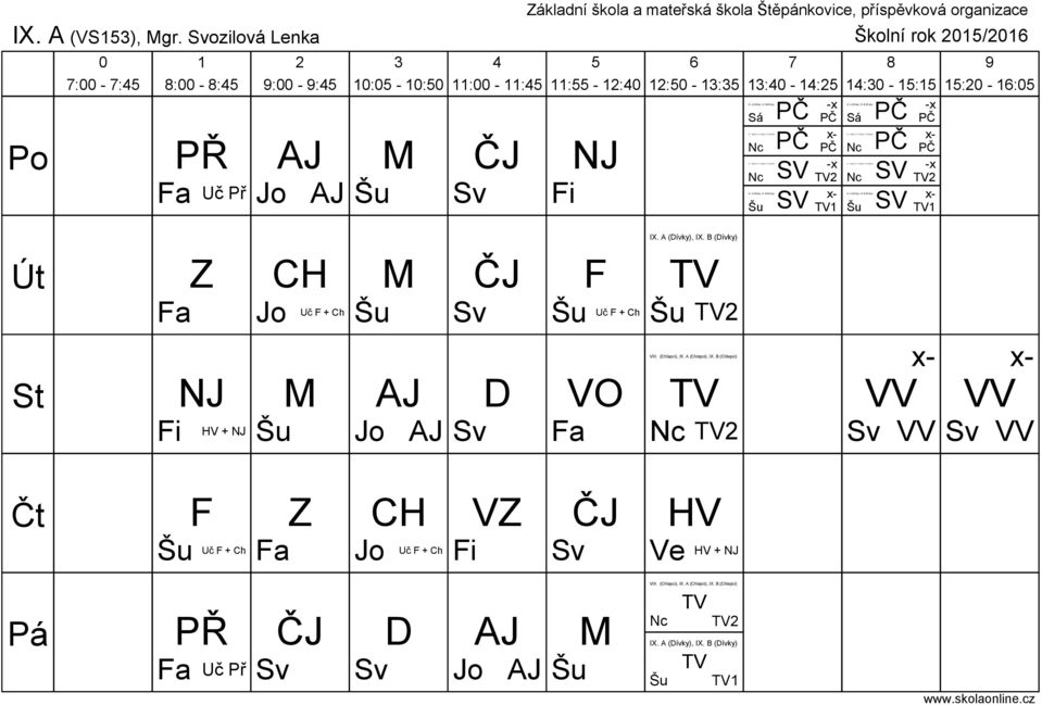 (Chlapci), IX. A (Chlapci), IX. B (Chlapci) x- VIII. (Chlapci), IX. A (Chlapci), IX. B (Chlapci)SV -x IX. A (ívky), IX. B (ívky)sv x- : - : CH F IX.