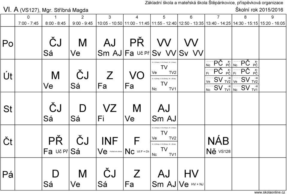 A (ívky), VI. B (ívky), VII. (ívky)sv -x VI. A (Chlapci), VI. B (Chlapci), VII. (Chlapci) x- VI. A (ívky), VI. B (ívky), VII. (ívky) x- VI. A (Chlapci), VI. B (Chlapci), VII. (Chlapci)SV -x VI.