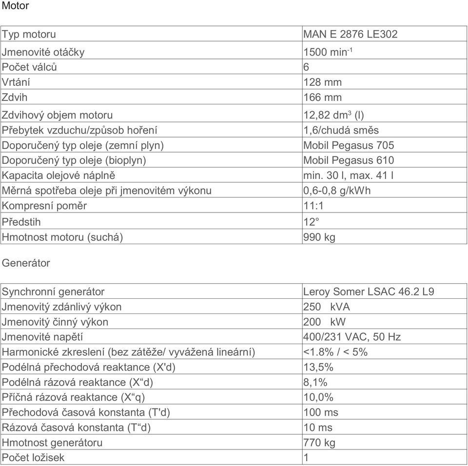 41 l M rná spot eba oleje p i jmenovitém výkonu 0,6-0,8 g/kwh Kompresní pom r 11:1 P edstih 12 Hmotnost motoru (suchá) 990 kg Generátor Synchronní generátor Leroy Somer LSAC 46.