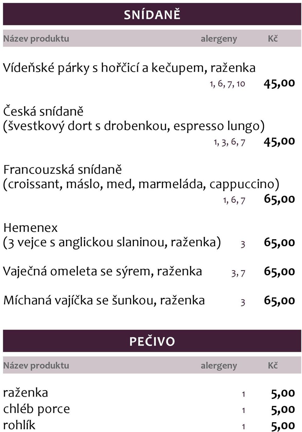 cappuccino) 1, 6, 7 65,00 Hemenex (3 vejce s anglickou slaninou, raženka) 3 65,00 Vaječná omeleta se