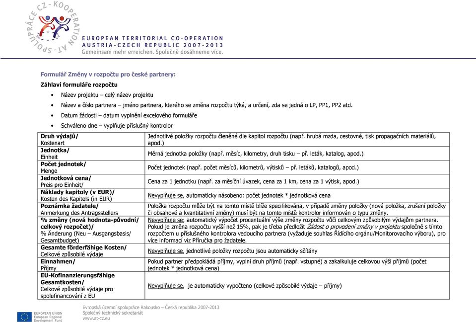Datum žádosti datum vyplnění excelového formuláře Schváleno dne vyplňuje příslušný kontrolor Druh výdajů/ / Menge cena/ Preis / kapitoly (v EUR)/ Kosten des žadatele/ Anmerkung des % změny (nová