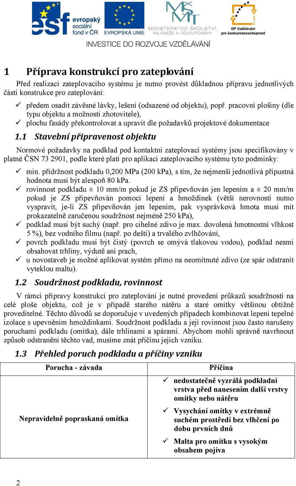 1 Stavební připravenost objektu Normové požadavky na podklad pod kontaktní zateplovací systémy jsou specifikovány v platné ČSN 73 2901, podle které platí pro aplikaci zateplovacího systému tyto