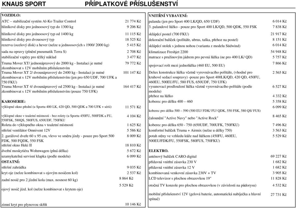 palandové lůžko - pouze pro Sport 400 LK/QD, 500 QDK, 550 FSK 7 838 Kč hliníkové disky pro jednoosový typ od 1400 kg 11 115 Kč sklápěcí postel (700 FKU) 21 917 Kč hliníkové disky pro dvouosový typ 18