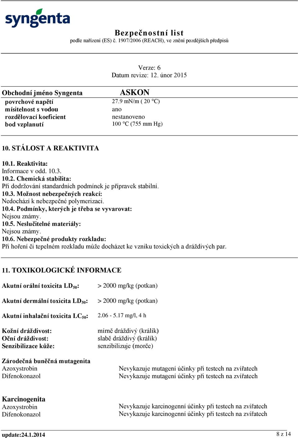 Nebezpečné produkty rozkladu: Při hoření či tepelném rozkladu může docházet ke vzniku toxických a dráždivých par. 11.