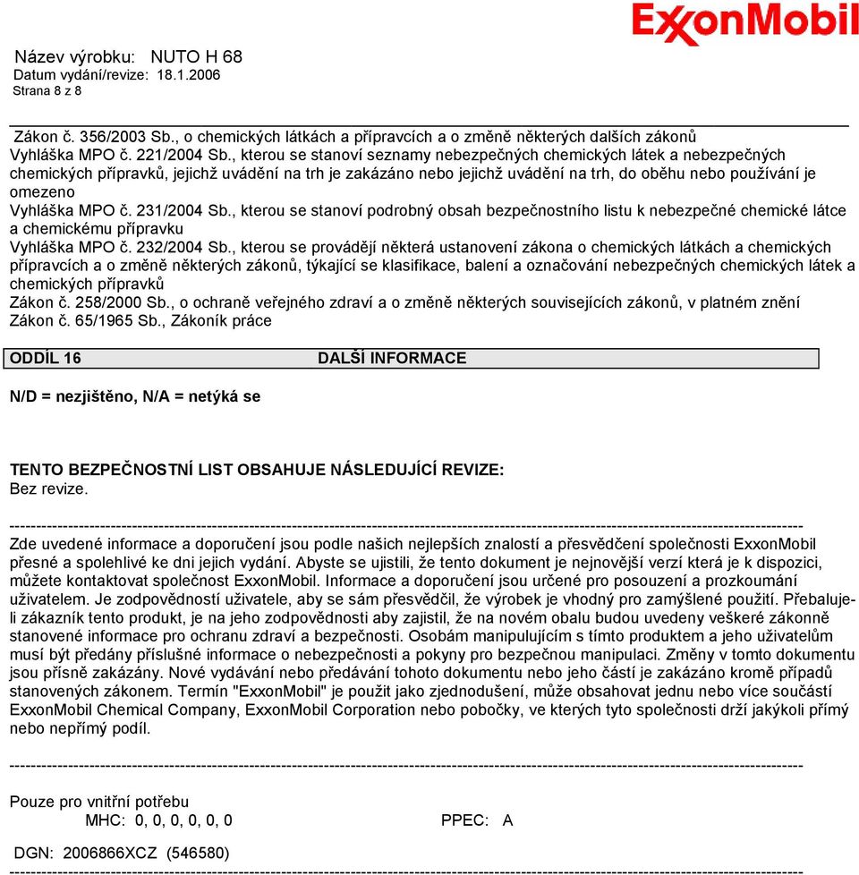Vyhláška MPO č. 231/2004 Sb., kterou se stanoví podrobný obsah bezpečnostního listu k nebezpečné chemické látce a chemickému přípravku Vyhláška MPO č. 232/2004 Sb.