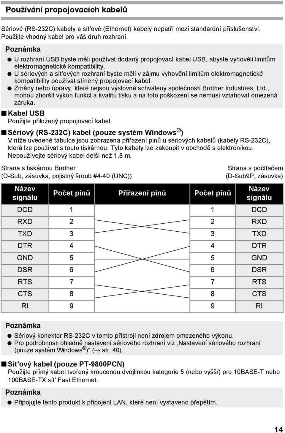 U sériových a sít ových rozhraní byste měli v zájmu vyhovění limitům elektromagnetické kompatibility používat stíněný propojovací kabel.