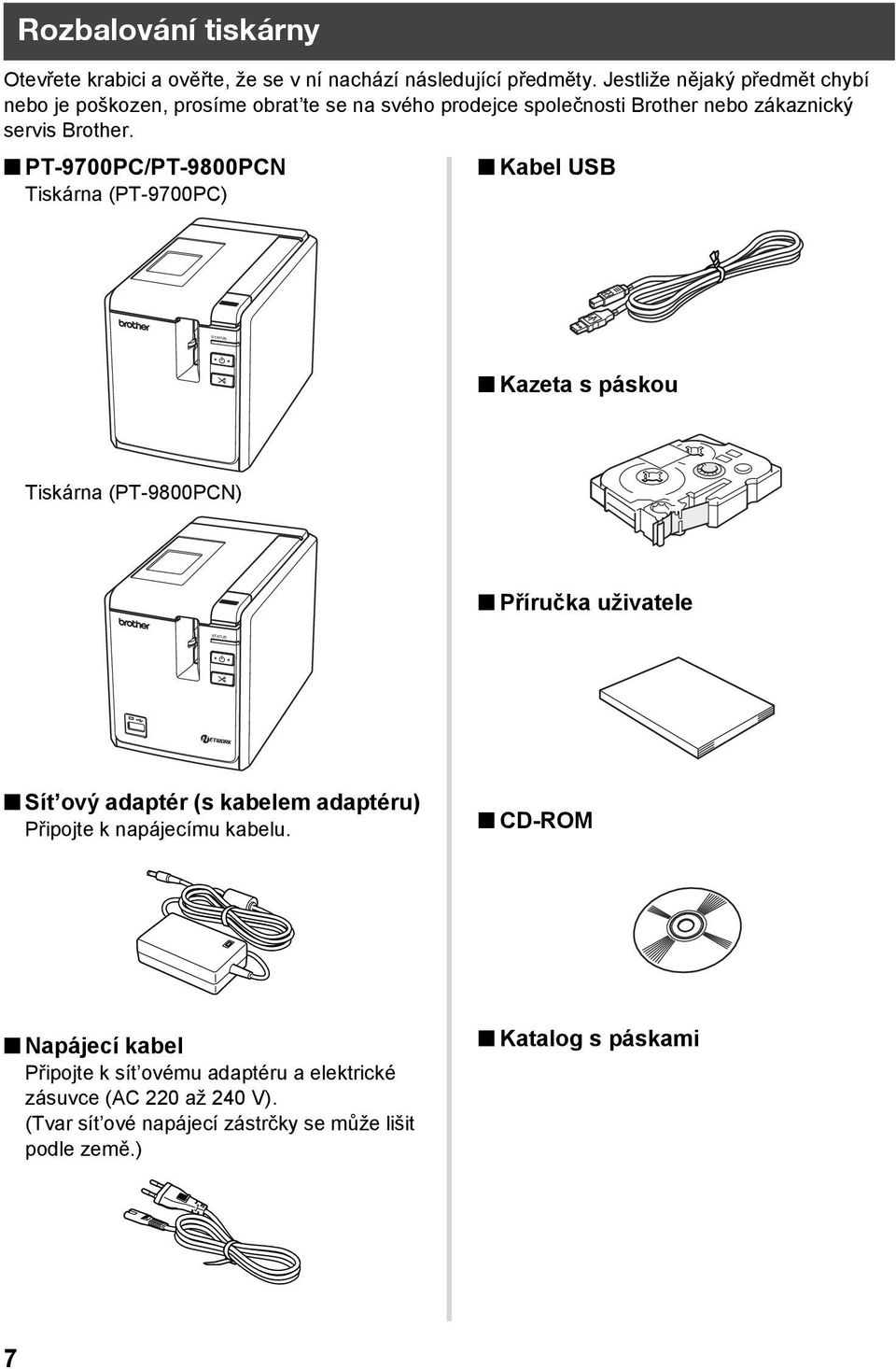 PT-9700PC/PT-9800PCN Kabel USB Tiskárna (PT-9700PC) Kazeta s páskou Tiskárna (PT-9800PCN) Příručka uživatele Sít ový adaptér (s kabelem adaptéru)