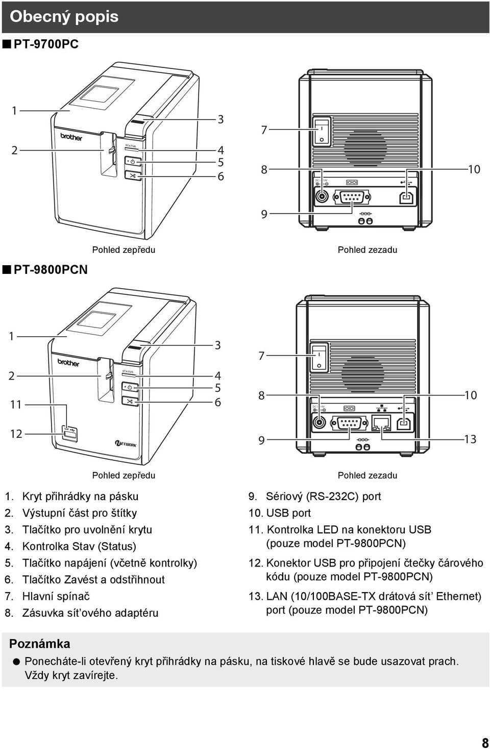 Kontrolka Stav (Status) (pouze model PT-9800PCN) 5. Tlačítko napájení (včetně kontrolky) 12. Konektor USB pro připojení čtečky čárového 6.