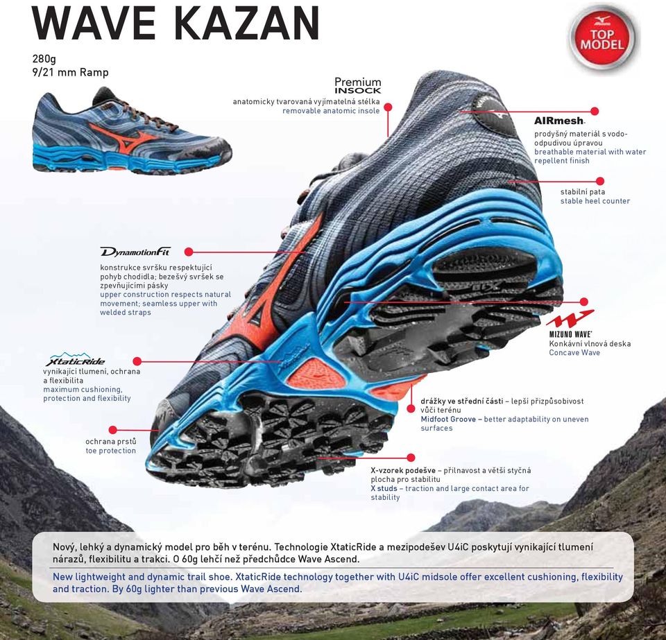 deska Concave Wave vynikající tlumení, ochrana a flexibilita maximum cushioning, protection and flexibility ochrana prstů toe protection drážky ve střední části lepší přizpůsobivost vůči terénu