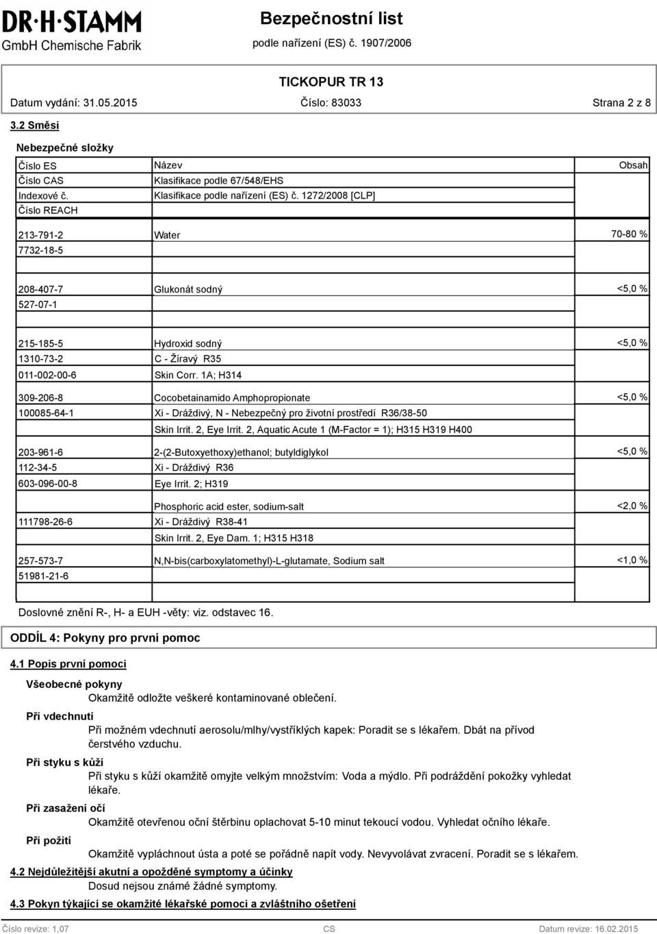 1A; H314 309-206- Cocobetainamido Amphopropionate <5,0 % 10005-64-1 Xi - Dráždivý, N - Nebezpečný pro životní prostředí R36/3-50 Skin Irrit. 2, Eye Irrit.