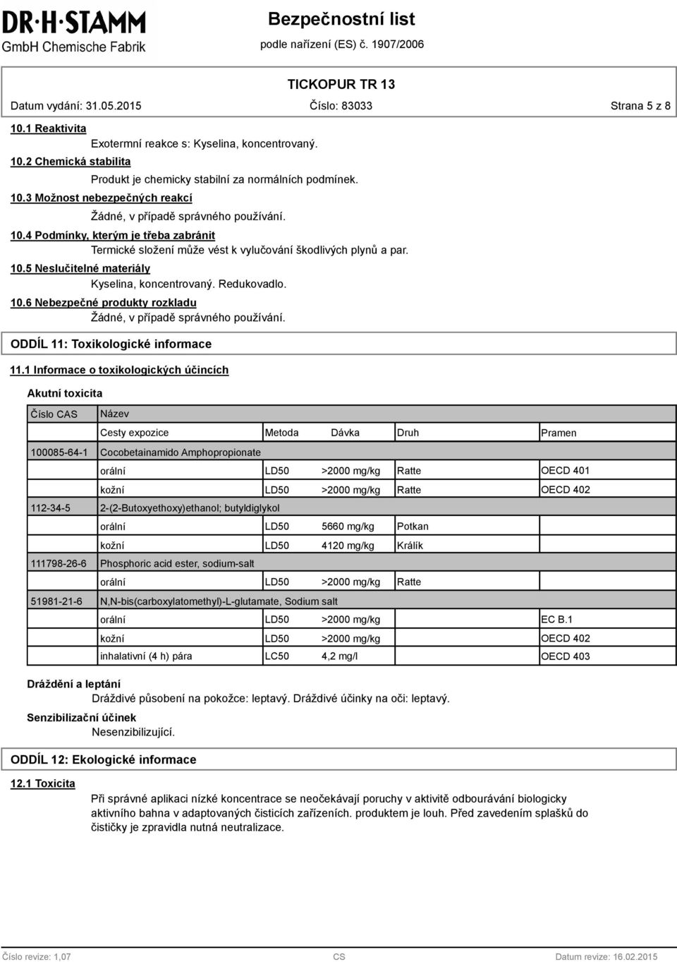 ODDÍL 11: Toxikologické informace 11.