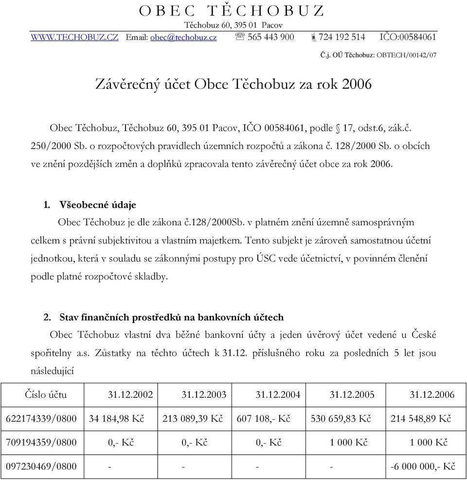 o obcích ve znění pozdějších změn a doplňků zpracovala tento závěrečný účet obce za rok 2006. 1. Všeobecné údaje Obec Těchobuz je dle zákona č.128/2000sb.