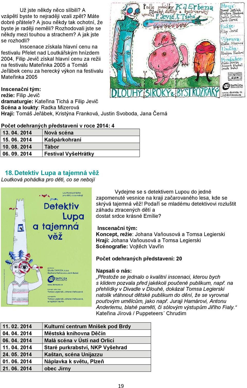 Inscenace získala hlavní cenu na festivalu Přelet nad Loutkářským hnízdem 2004, Filip Jevič získal hlavní cenu za režii na festivalu Mateřinka 2005 a Tomáš Jeřábek cenu za herecký výkon na festivalu