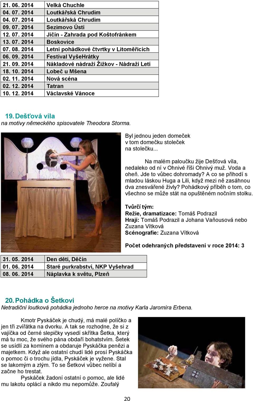 2014 Tatran 10. 12. 2014 Václavské Vánoce 19. Dešťová víla na motivy německého spisovatele Theodora Storma. 31. 05. 2014 Den dětí, Děčín 01. 06.