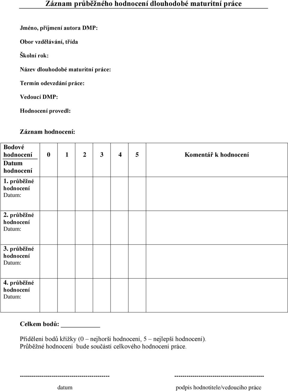 průběžné Datum: 3. průběžné Datum: 4. průběžné Datum: Celkem bodů: Přidělení bodů křížky (0 nejhorší, 5 nejlepší ).