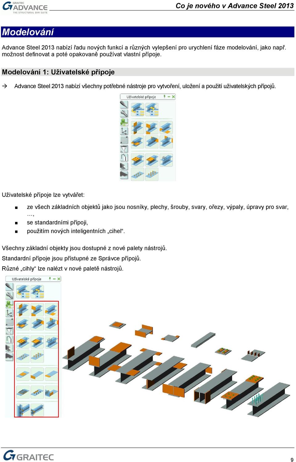 Modelování 1: Uživatelské přípoje Advance Steel 2013 nabízí všechny potřebné nástroje pro vytvoření, uložení a použití uživatelských přípojů.